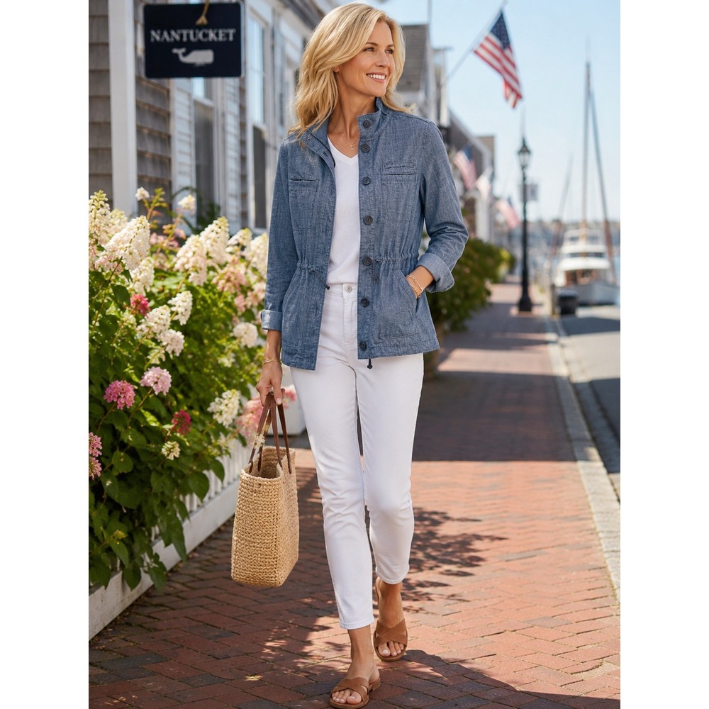 Talbots Womens XS‎ Blue Chambray Jacket Utility Military Safari Drawstring